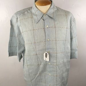 Visitor 100% linen washable light blue tan short sleeves casual shirt x large XL